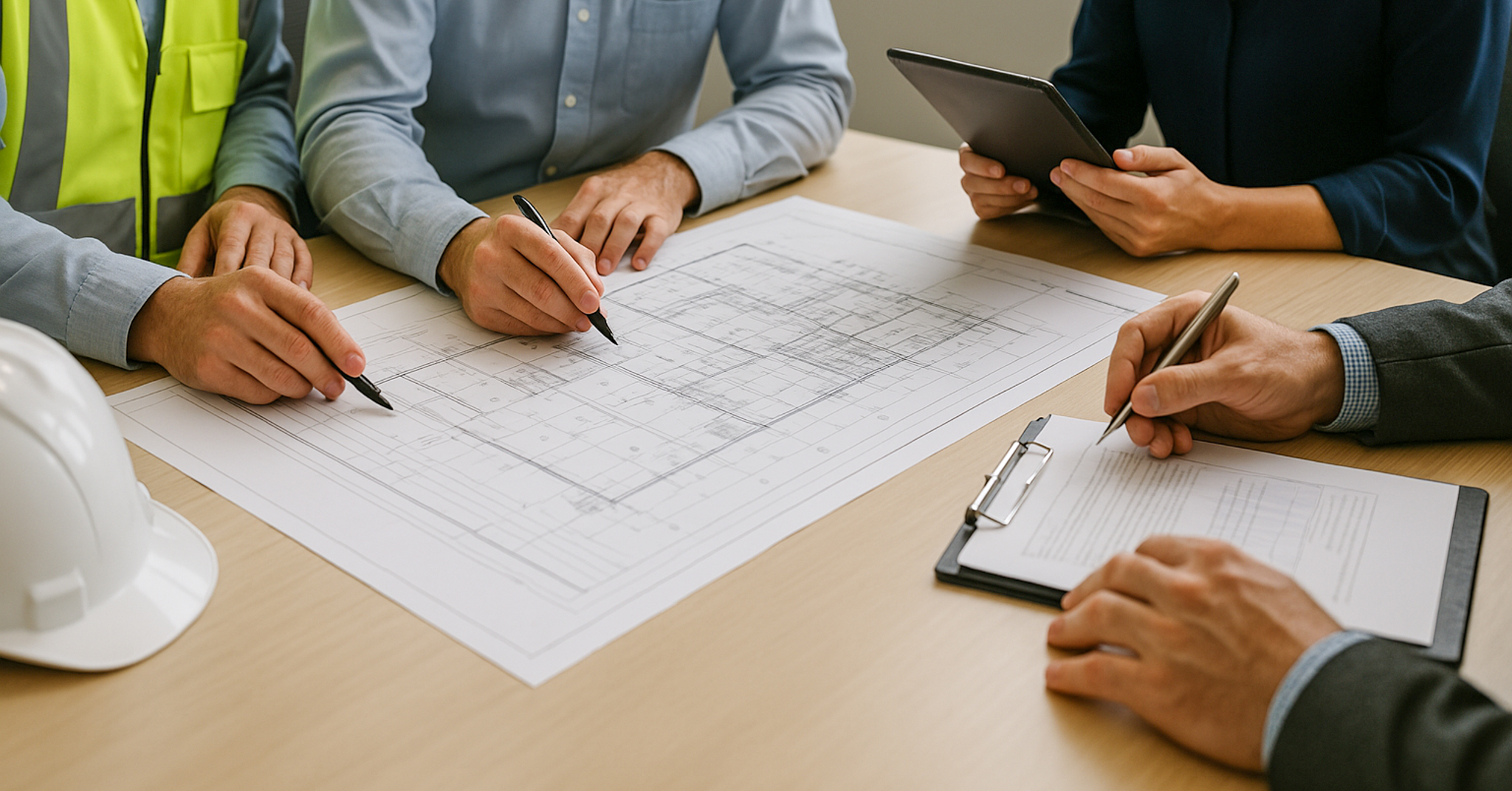 close up of construction plans being discussed at a conference table