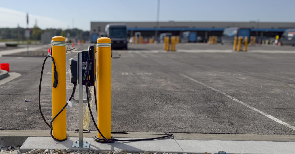 charging station with warehouse in background